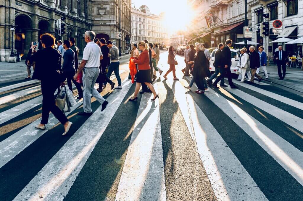 busy crosswalk people walking